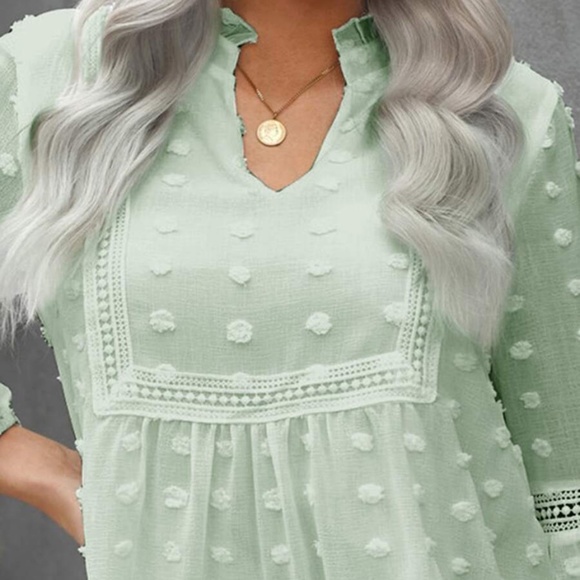 boho v neck swiss dot lace detail blouse Sage - Picture 2 of 10